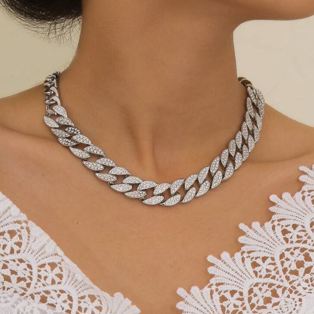 NEW Silver-Tone Rhinestone Curb Chain Necklace